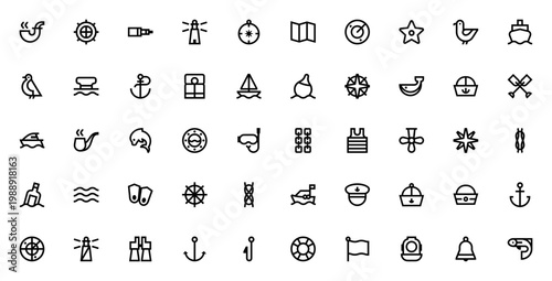 Sailing icon set. Nautical vector collection. Includes anchor, compass, lighthouse, ship, sailboat, whale, dolphin, sailor cap, radar, map and more. Editable stroke.