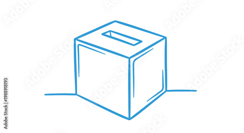 A simple hand drawn illustration depicts a blue ballot box with a slot for voting