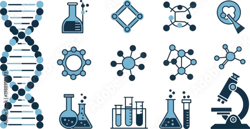 Science and laboratory icons set with DNA helix, microscope, molecule structures, and chemical flasks in flat blue style.