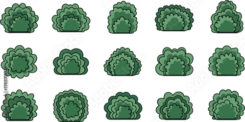 Set of green bush and shrub icons with black outlines for garden landscaping and outdoor environment design.