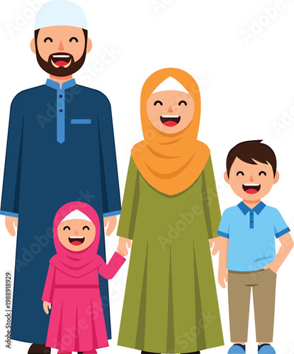 a muslim family of four smiling together