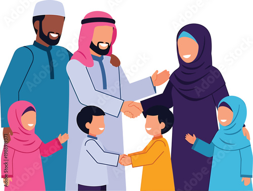 a diverse family with a middle eastern background shake hands