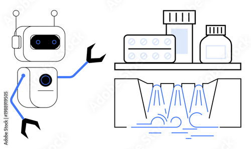 Healthcare technology, automation, water purification, pharmaceutical storage, futuristic healthcare, clean water systems. Robot near medicine bottles and water purification system. Healthcare