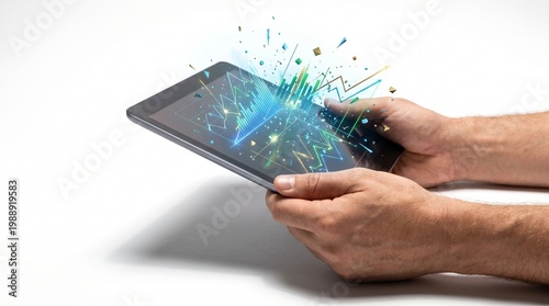 The power of data visualization and information flow emerging from digital devices, isolated on white background.