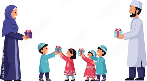 a man and woman in traditional clothing giving gifts to children