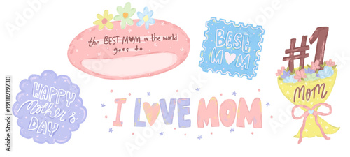 Cute set of hand drawn watercolor crayon happy mothers day word badge cup award winner pastel color colorful stamp clipart element