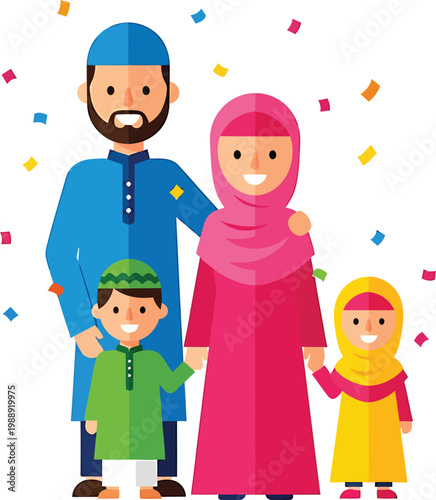 a cartoon image of a muslim family with a man, a woman and two children