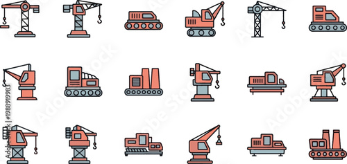 Set of heavy construction machinery icons including tower cranes, industrial excavators, and factory vehicles in flat outline style.