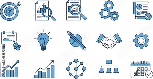 Business analytics flat icon set with charts reports strategy planning collaboration and management symbols for corporate web applications