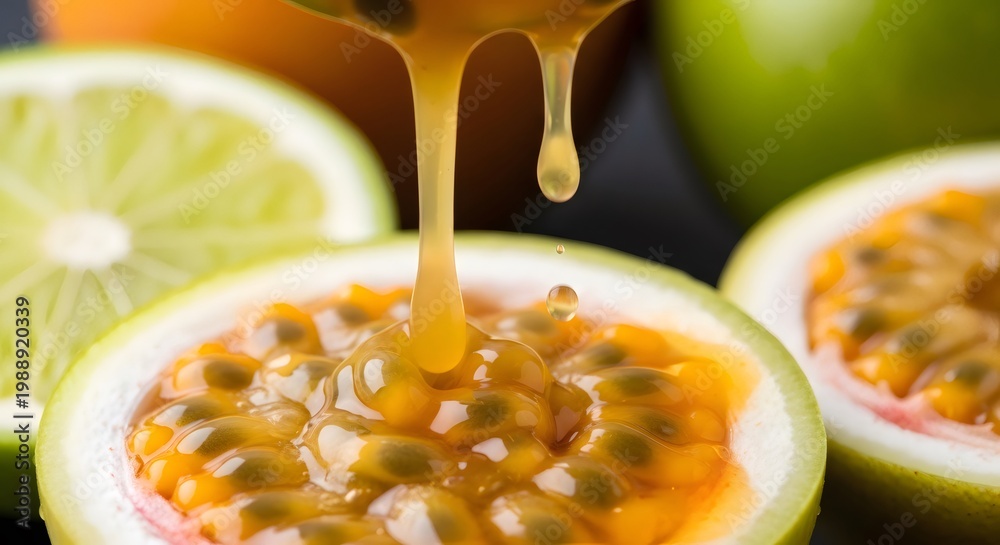 Fototapeta premium Fresh passion fruit pulp dripping with juice