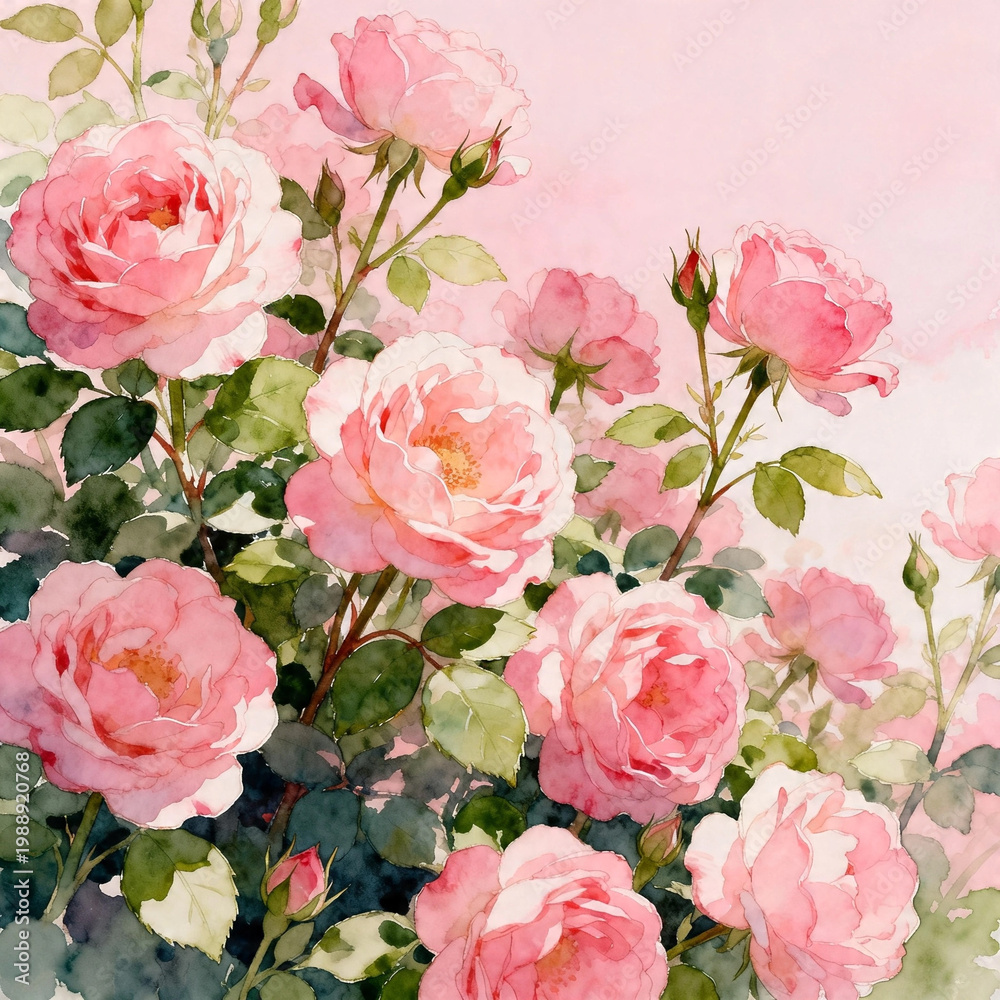 Fototapeta premium Soft Watercolor Pink Roses in Full Bloom