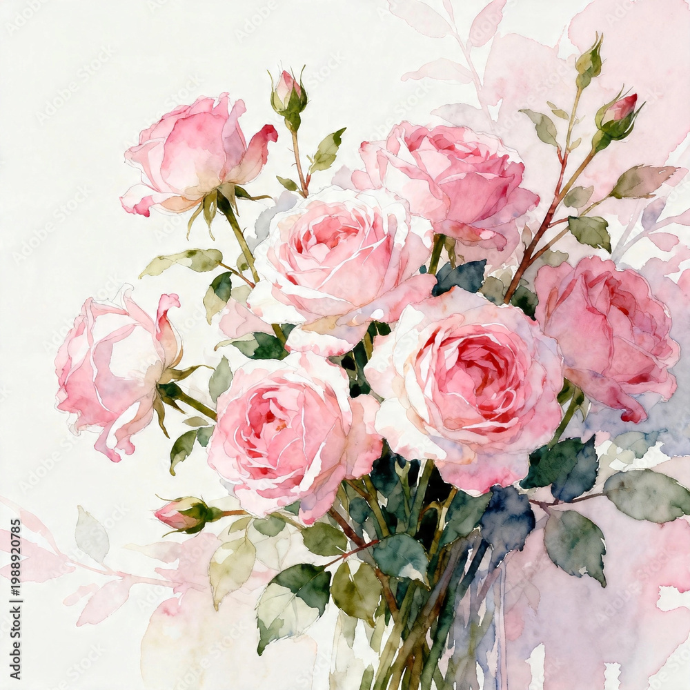 Fototapeta premium Soft Watercolor Pink Roses in Full Bloom