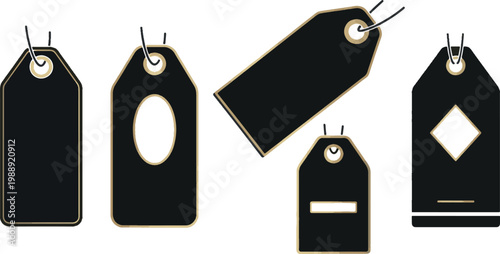 Set of luxury black and gold price tags and blank hanging labels for premium retail branding