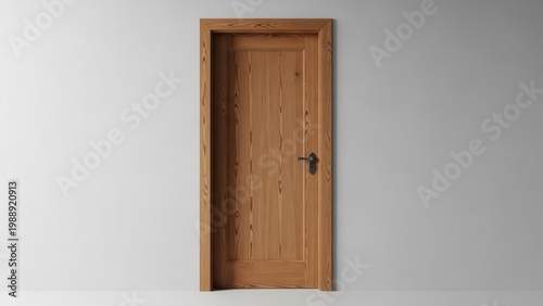 Modern wooden door design with dark handle against a clean minimalist gray wall in an empty room