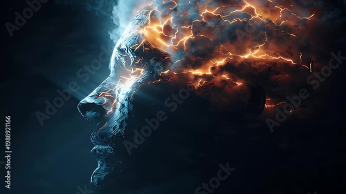 Abstract Profile of Glowing Human Brain with Energy and Light