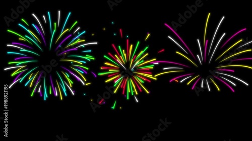 colorful cartoon comic style glowing fireworks animation on black background