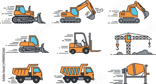 Heavy construction machinery icon set with speed lines featuring excavator, bulldozer, truck, and crane