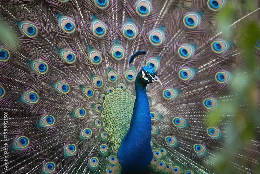 Obraz premium Vibrant Peacock Display: Beautiful Bird with Fanned Iridescent Feathers in Exotic Wildlife Portrait