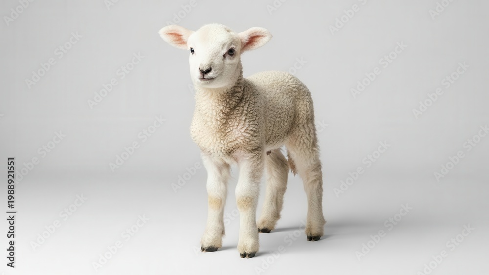 Obraz premium An adorable young lamb stands gracefully in a pristine studio setting, embodying purity and charm