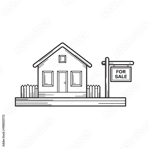 Simple line drawing of a house with a for sale sign