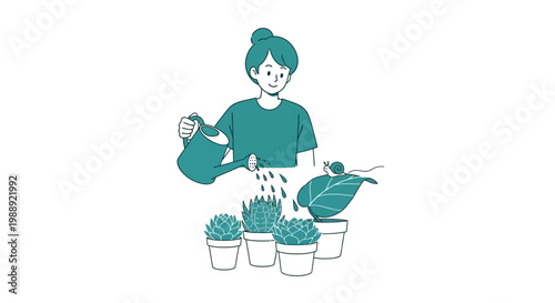 Happy person watering potted plants and leaf with snail