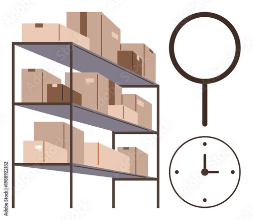 Logistics, warehousing, inventory management, time tracking, search, organization. Storage shelves filled with boxes, clock magnifying glass. Highlights warehousing and inventory management