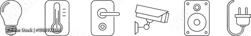 Smart home and security icon set featuring lighting thermostat camera speaker plug symbols in modern outline vector style