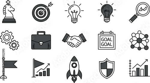 Business strategy and goal achievement outline icon set featuring target growth rocket partnership analytics and leadership symbols