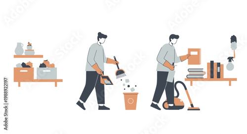 Man holding vacuum cleaner and mop.