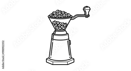Manual coffee grinder with beans in outline icon style