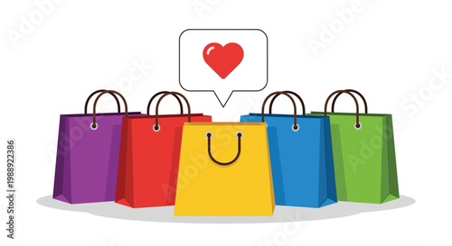 A collection of colorful shopping bags arranged together with a heart icon above one.