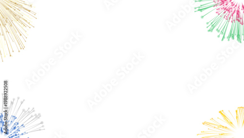 Colorful fireworks border on white background, festive pyrotechnic explosions frame, celebratory firework display vector for holiday greeting cards