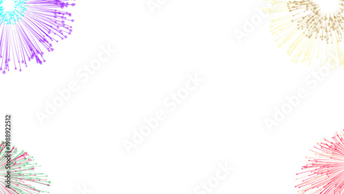 Abstract festive fireworks background with colorful starbursts. Vibrant firework explosions on white backdrop. Celebration border vector for greeting cards.