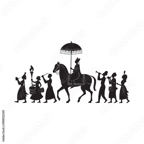 Silhouette procession featuring a horse mounted figure and musical performers
