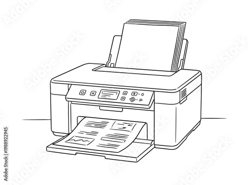 Minimalist Line Art Printer Illustration with Paper Output