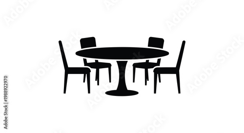 Simple black and white illustration of a dining table and chairs