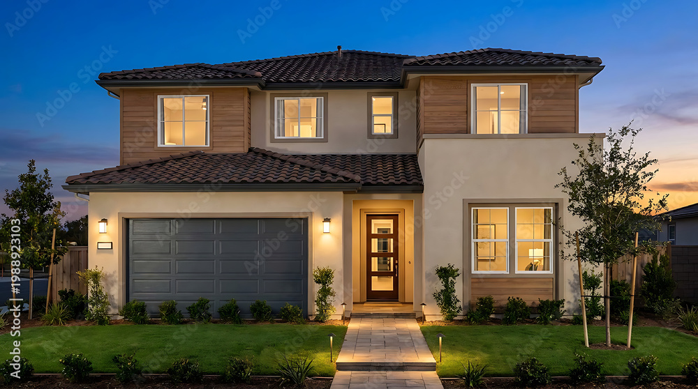 Obraz premium Contemporary residential architecture featuring a charcoal garage entrance, cream stucco facade, clay tile roofing, illuminated stone walkway, lush green grass, and inviting suburban ambiance.
