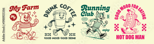 Vector illustration streetwear t-shirt design bundle for t-shirt print design template. retro mascot cartoon characters, groovy cartoons vintage rubber hose style