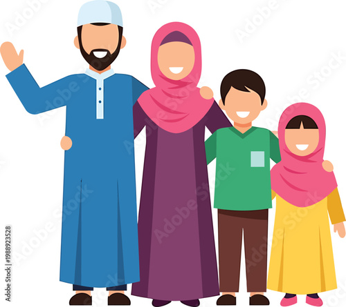 a muslim family of four standing together