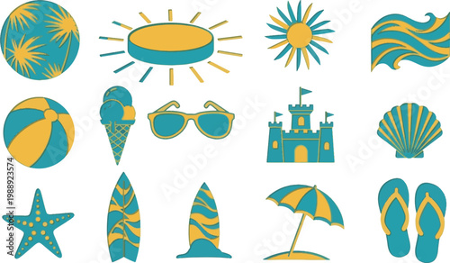 Set of summer beach vacation icons and elements in flat style, isolated on white background.