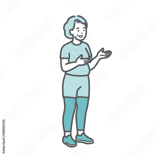 笑顔で会話・説明をするスポーツウェア姿のぽっちゃりシニア女性のイラスト