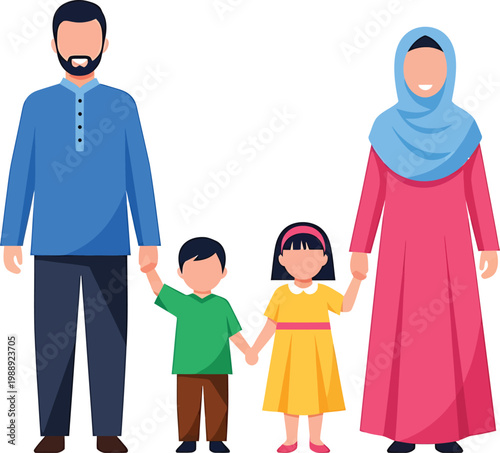 a cartoon image of a muslim family with a man a woman and two children