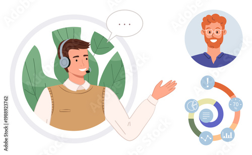 Customer support, virtual assistance, online consultation, helpline communication, remote services, teamwork. Person with headset gesturing towards screen. Customer support and virtual assistance
