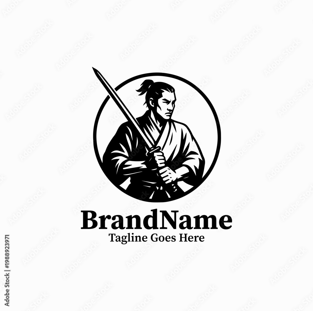 Fototapeta premium A Japanese samurai holding a sword is illustrated in a circular emblem logo design minimalist