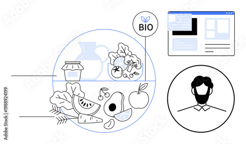 Sustainable living, organic produce, healthy diet, biotechnology, digital platforms, eco-conscious lifestyle. ion of fresh produce, a bio label a person and a screen. Sustainable living and organic