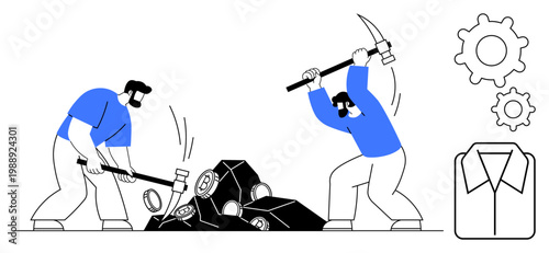 Labor, teamwork, industrial work, manual labor, construction, physical effort. Two workers using a sledgehammer and pickaxe to break rocks. Labor and teamwork concept