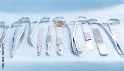 Assortment of sterile surgical instruments arranged on blue medical drape.