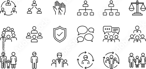 Human resources line icon set featuring team structure communication recruitment diversity leadership and organizational management symbols for business applications