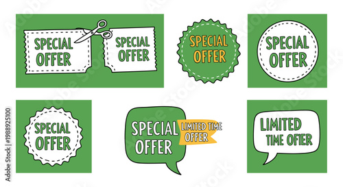 A set of special offer labels and stickers in green and white, perfect for marketing and advertising materials to grab attention and promote sales.