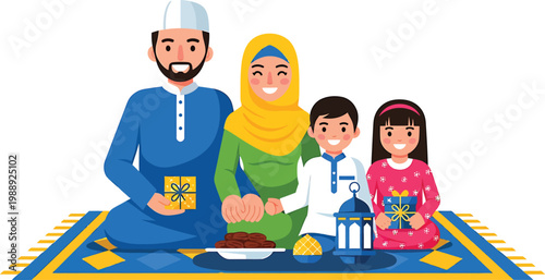 a family is sitting on a prayer mat with gifts